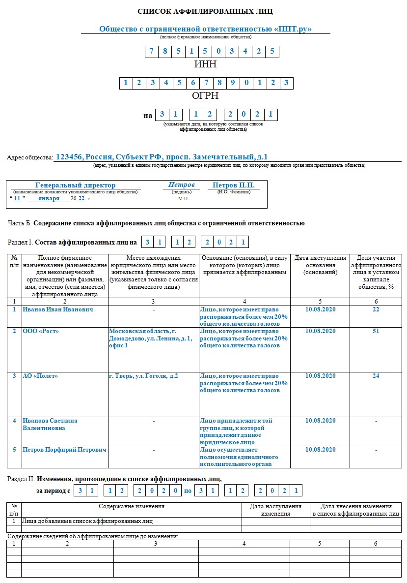 Образец справки об аффилированных лицах для ООО Образец справки об аффилированных лицах для ООО