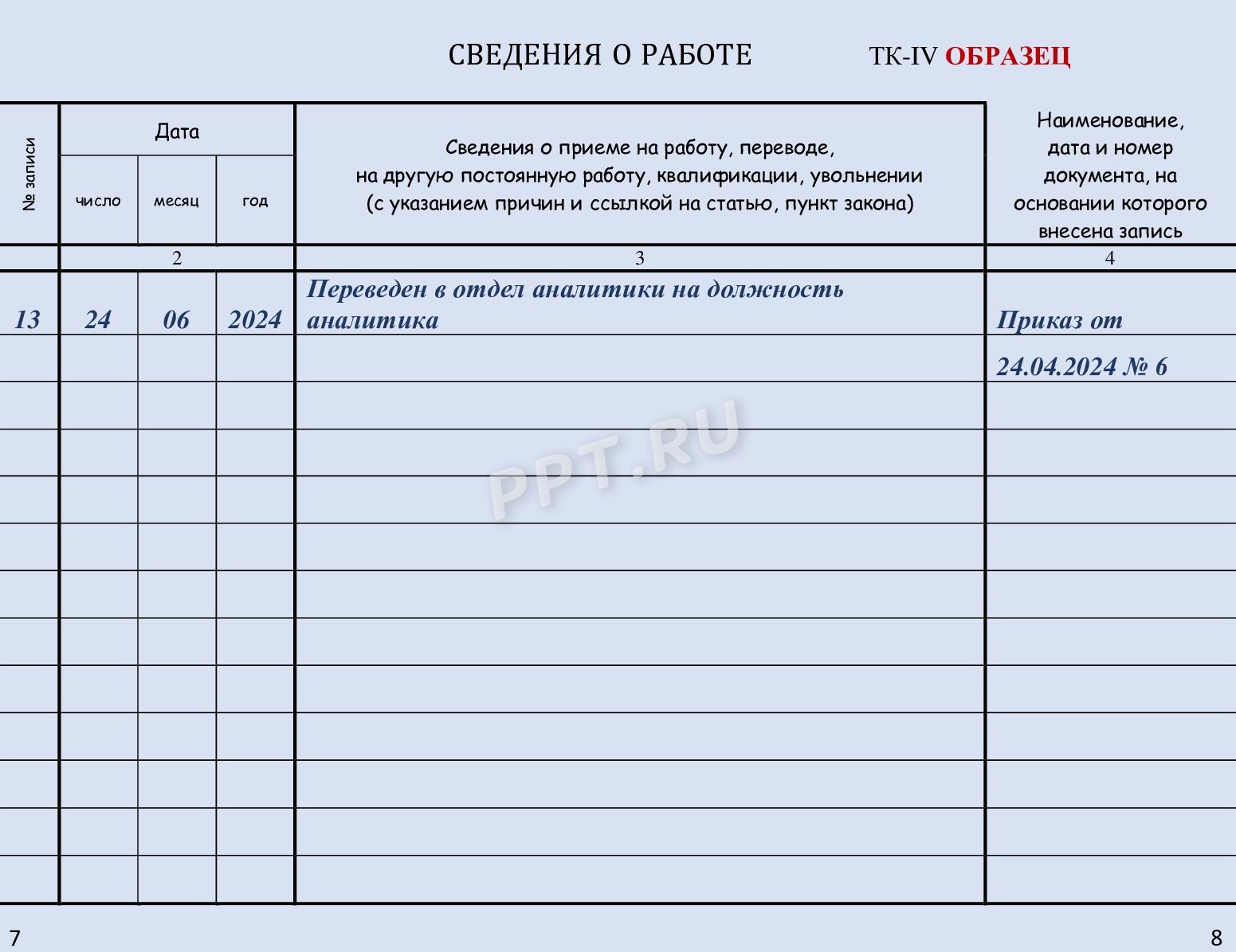 Запись о переводе работника на другую должность в другом отделе Запись о переводе работника на другую должность в другом отделе