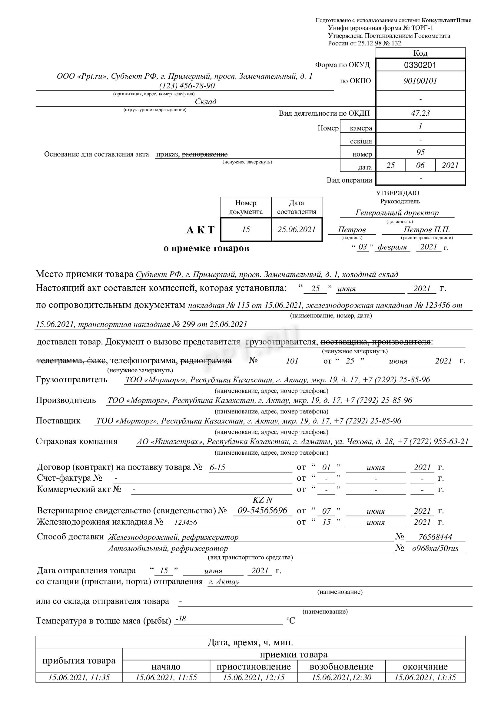 Образец заполнения акта ТОРГ-1 Образец заполнения акта ТОРГ-1