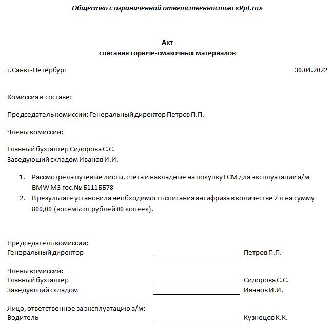 Акт списания ГСМ Акт списания ГСМ