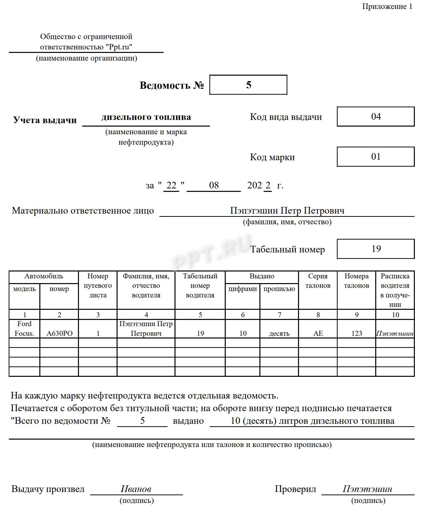 Ведомость учета ГСМ Ведомость учета ГСМ