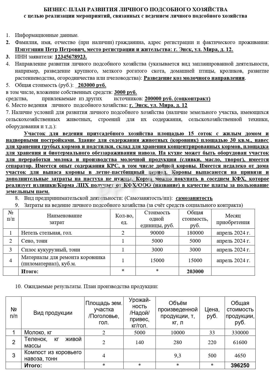 Образец бизнес-плана для соцконтракта на ведение ЛПХ (стр. 1) Образец бизнес-плана для соцконтракта на ведение ЛПХ (стр. 1)