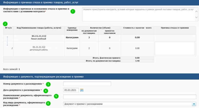 Указываем информацию о причинах отказа в приемке в ЕИС Указываем информацию о причинах отказа в приемке в ЕИС