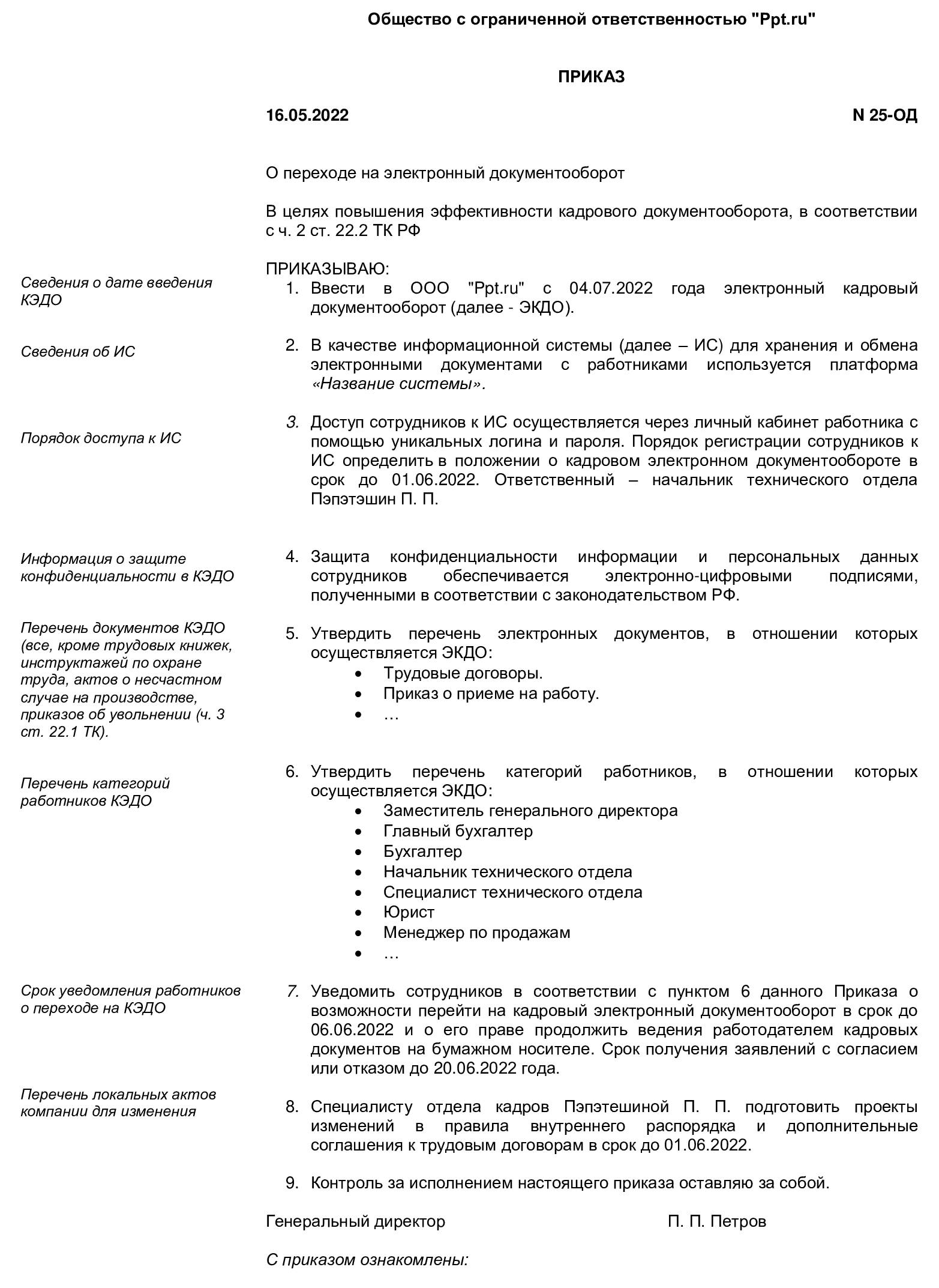Приказ о переходе на КЭДО Приказ о переходе на КЭДО