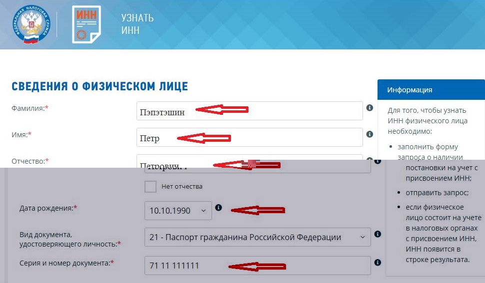 Что заполнить, чтобы узнать ИНН на сайте ФНС Что заполнить, чтобы узнать ИНН на сайте ФНС