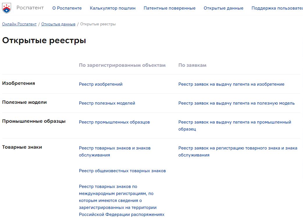 Реестр Роспатента Реестр Роспатента