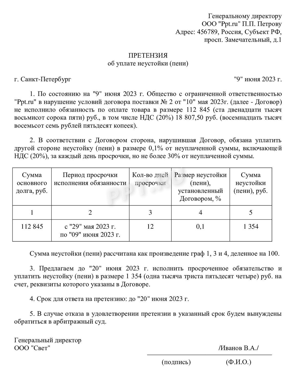 Претензия об уплате пени Претензия об уплате пени