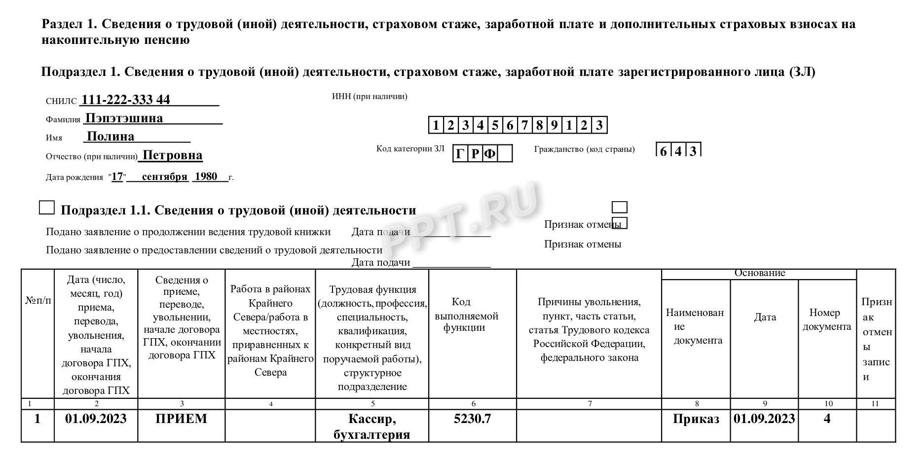 Образец отчета ЕФС-1 Образец отчета ЕФС-1