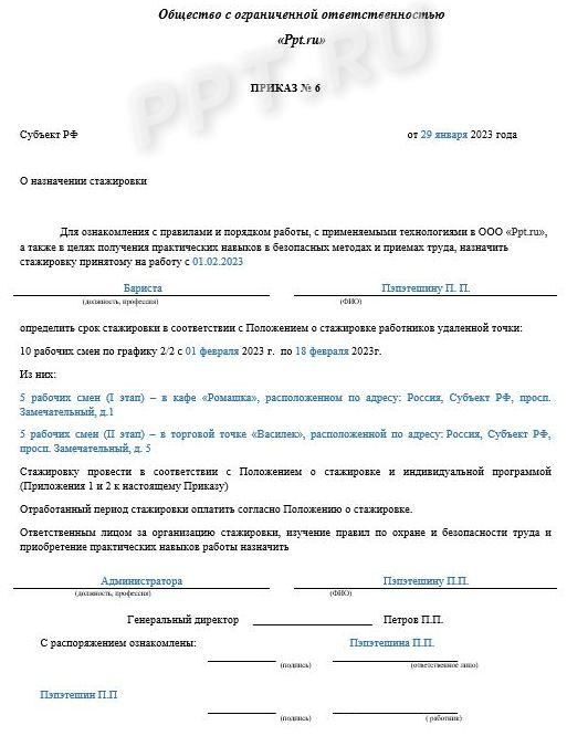 Приказ о назначении стажировки работнику Приказ о назначении стажировки работнику