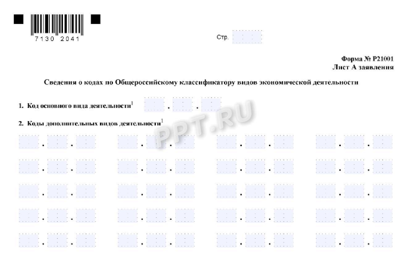 Коды ОКВЭД заполняются на листе А заявления ф. № Р21001 для ИП Коды ОКВЭД заполняются на листе А заявления ф. № Р21001 для ИП
