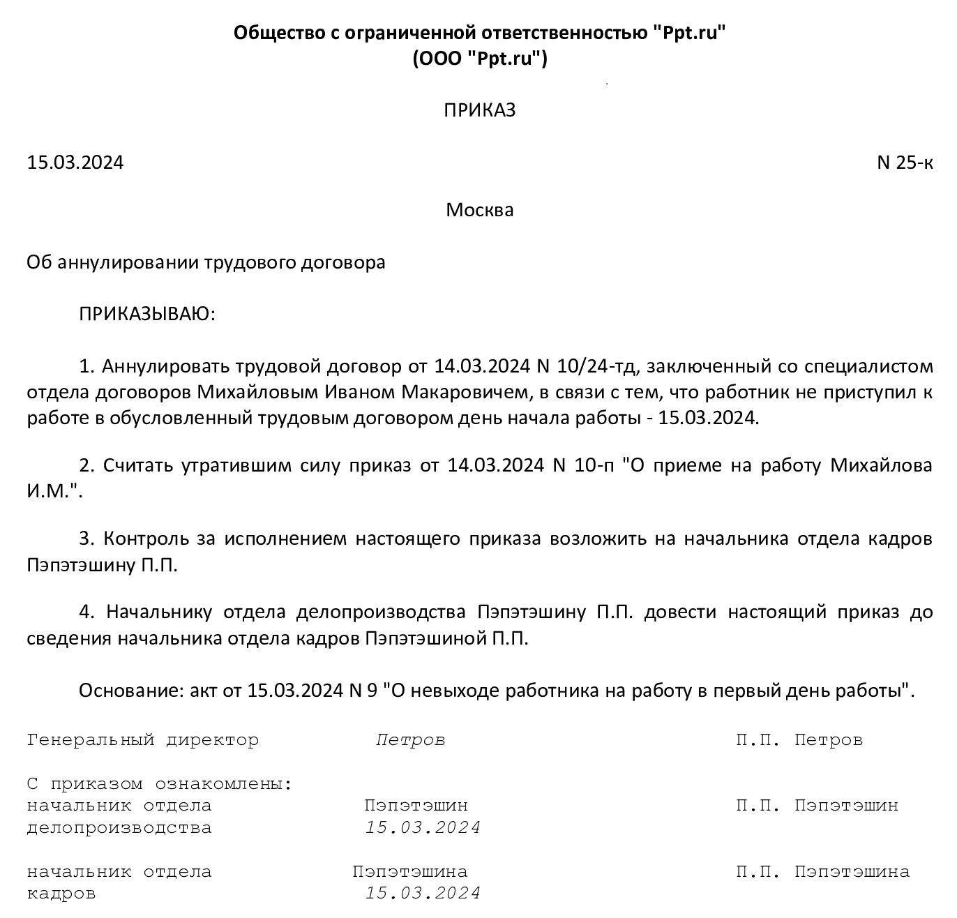Приказ об аннулировании трудового договора Приказ об аннулировании трудового договора