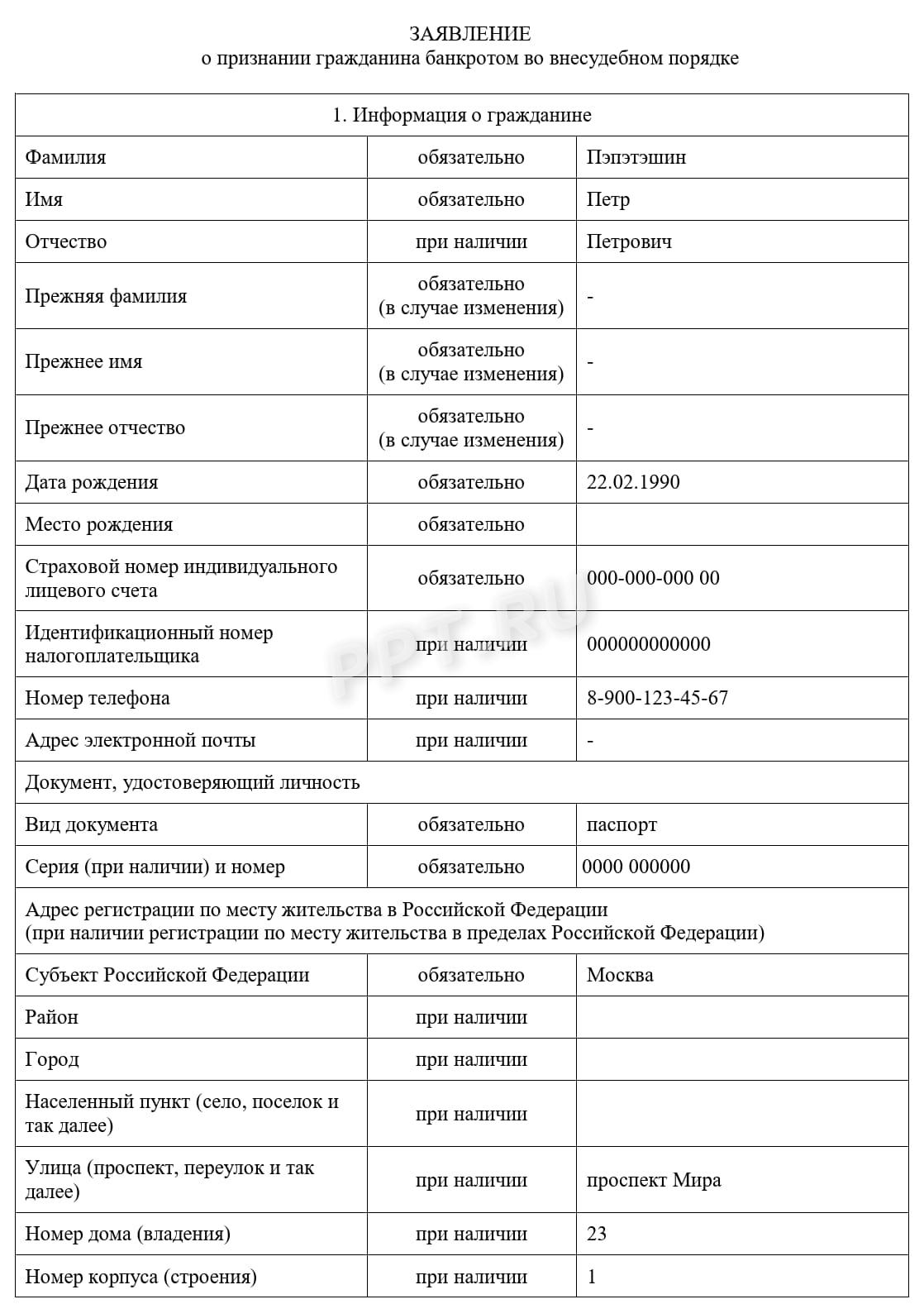 Заявление о признании гражданина банкротом, лист 1 Заявление о признании гражданина банкротом, лист 1