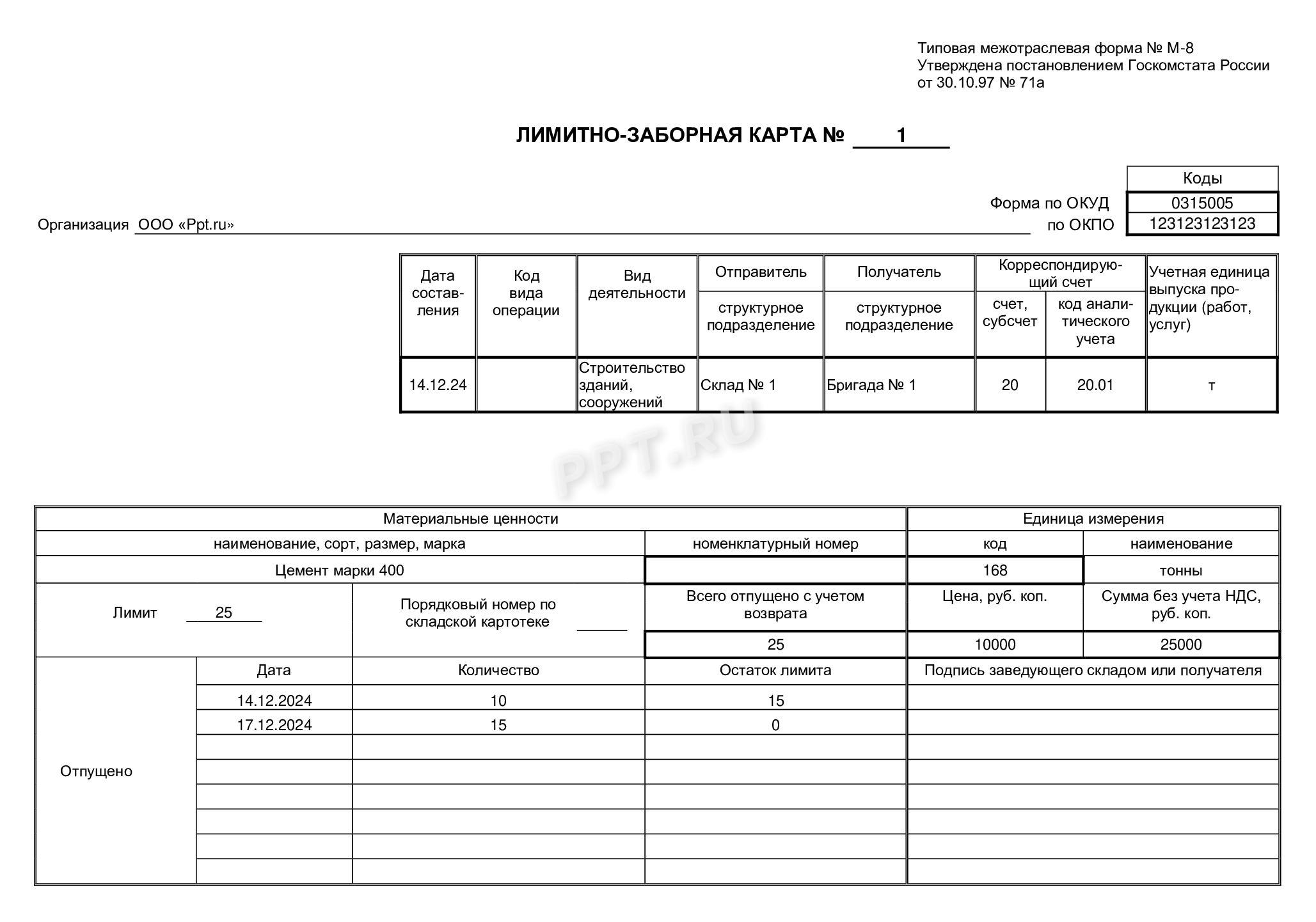 Образец заполнения лимитно-заборной карты в строительстве Образец заполнения лимитно-заборной карты в строительстве