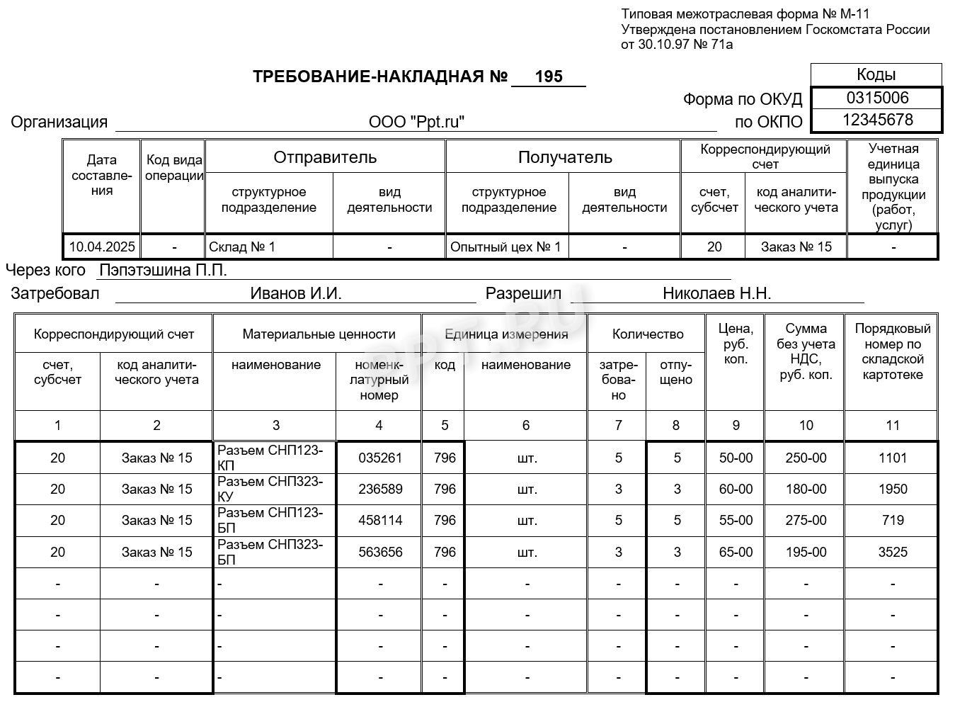 Образец требования-накладной по форме М-11 стр. 1 Образец требования-накладной по форме М-11 (стр. 1)