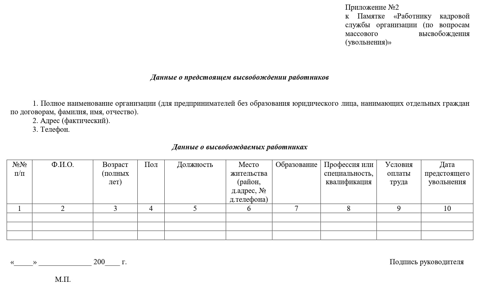 Сведения для направления в службу занятости о предстоящем высвобождении работников Сведения для направления в службу занятости о предстоящем высвобождении работников