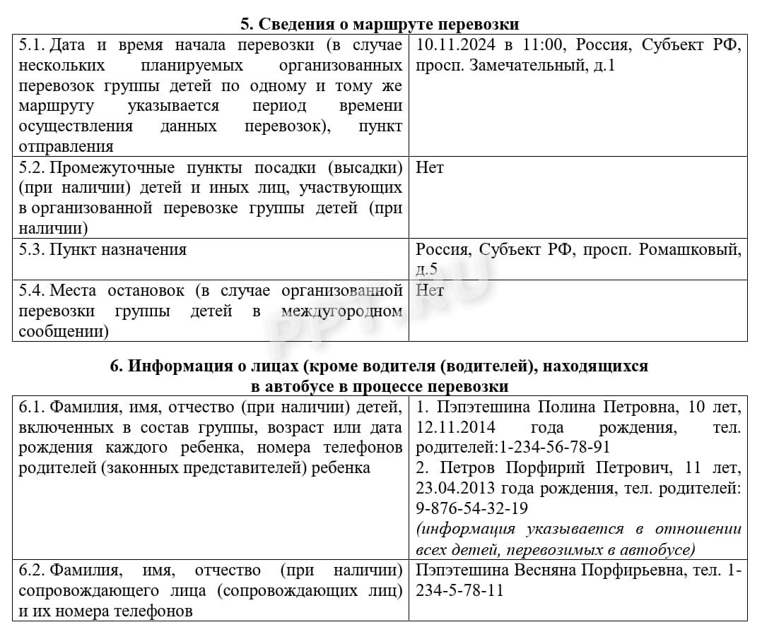 Пример заполнения уведомления о перевозке детей, стр. 2 Пример заполнения уведомления о перевозке детей, стр. 2