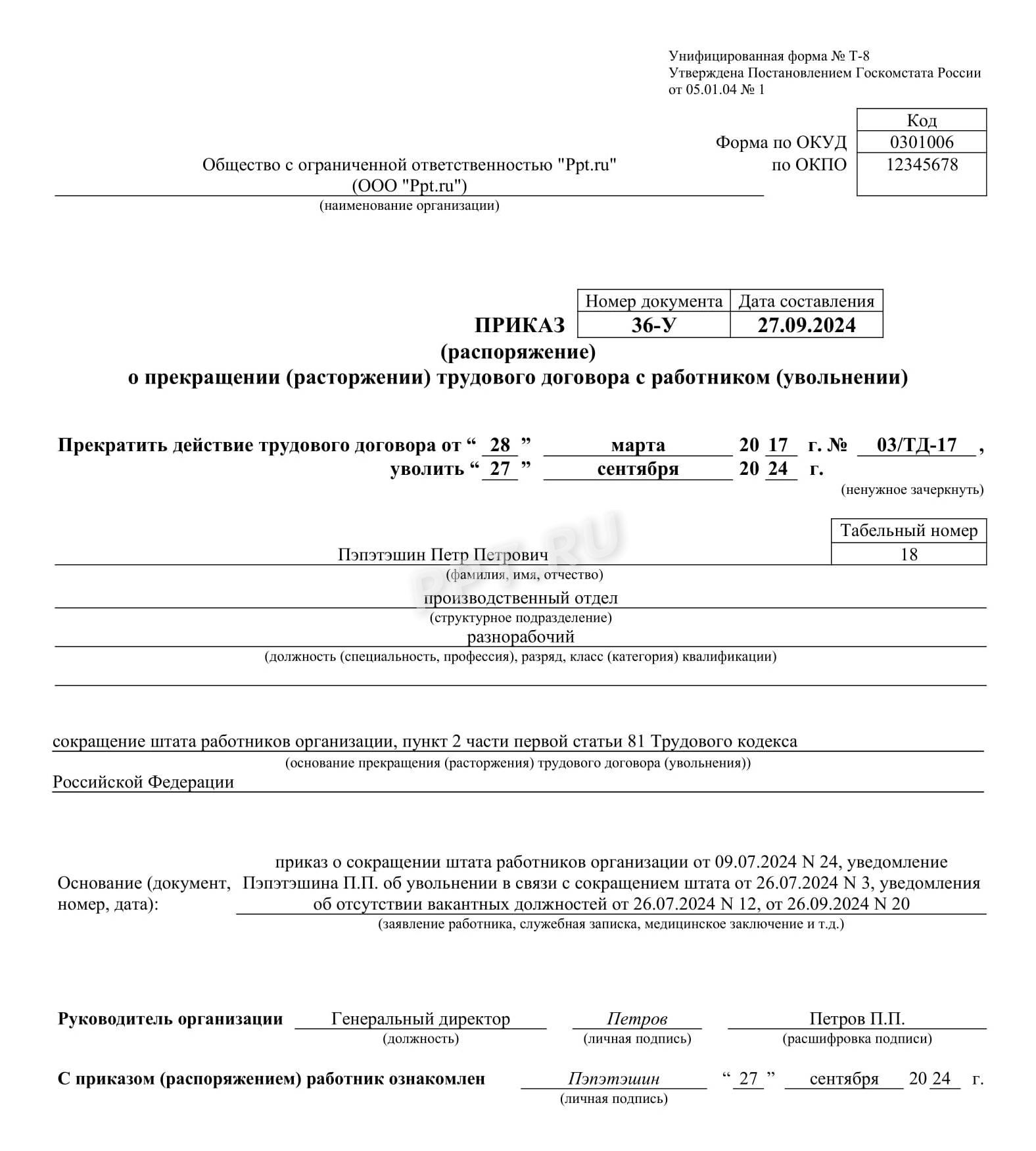 Приказ на сокращение Приказ на сокращение