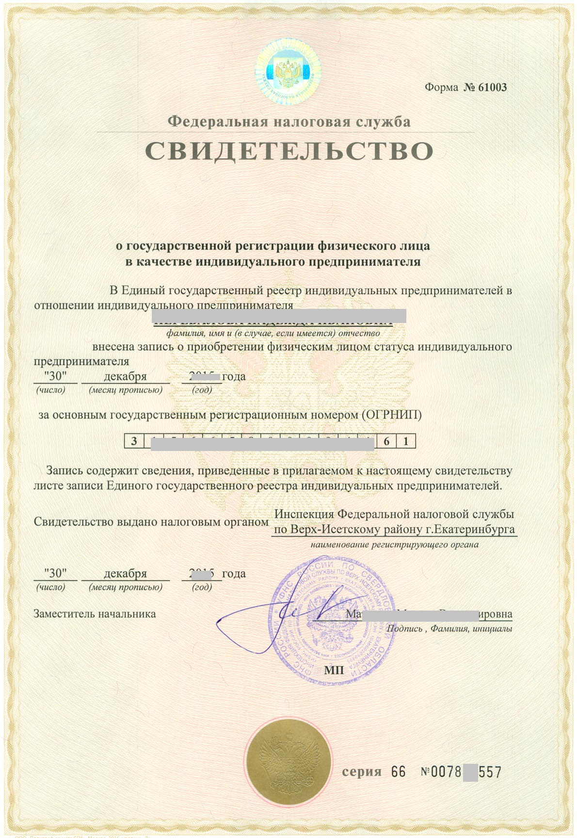 Пример свидетельства о регистрации ИП 2015 года Пример свидетельства о регистрации ИП 2015 года