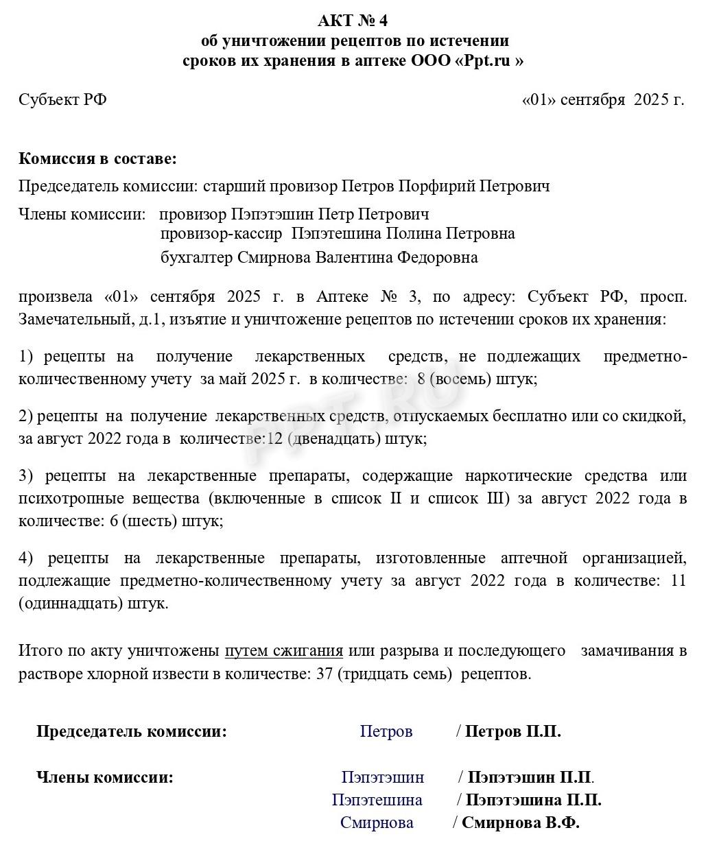 Образец акта об уничтожении рецептов Образец акта об уничтожении рецептов