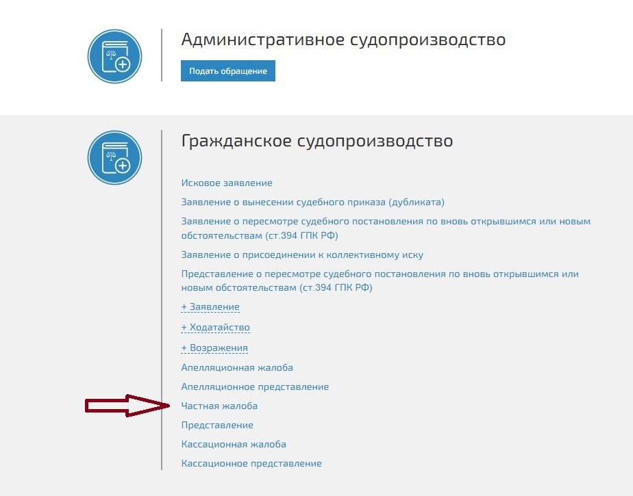Выбор частной жалобы в разделе ГП Выбор частной жалобы в разделе ГП