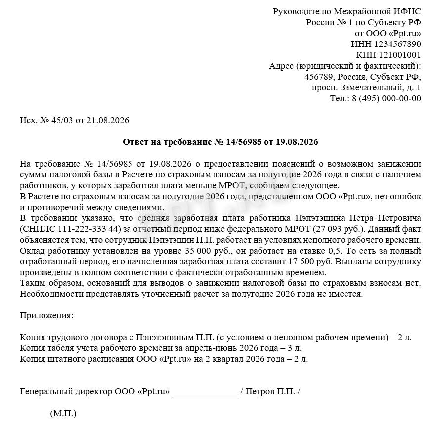 Ответ на требование ФНС по занижению зарплат Ответ на требование ФНС по занижению зарплат