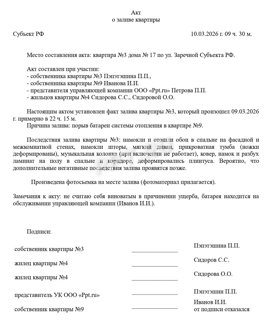Акт о заливе квартиры Акт о заливе квартиры
