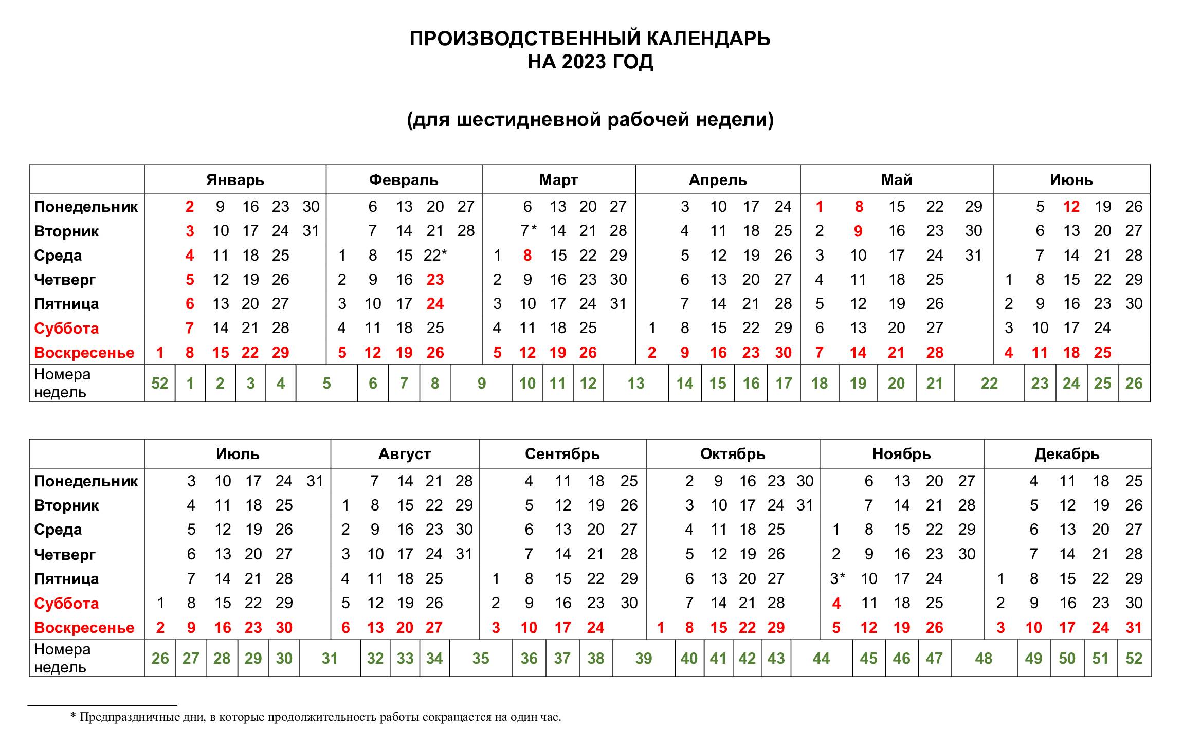 Производственный календарь для шестидневки на 2023 год Производственный календарь для шестидневки на 2023 год