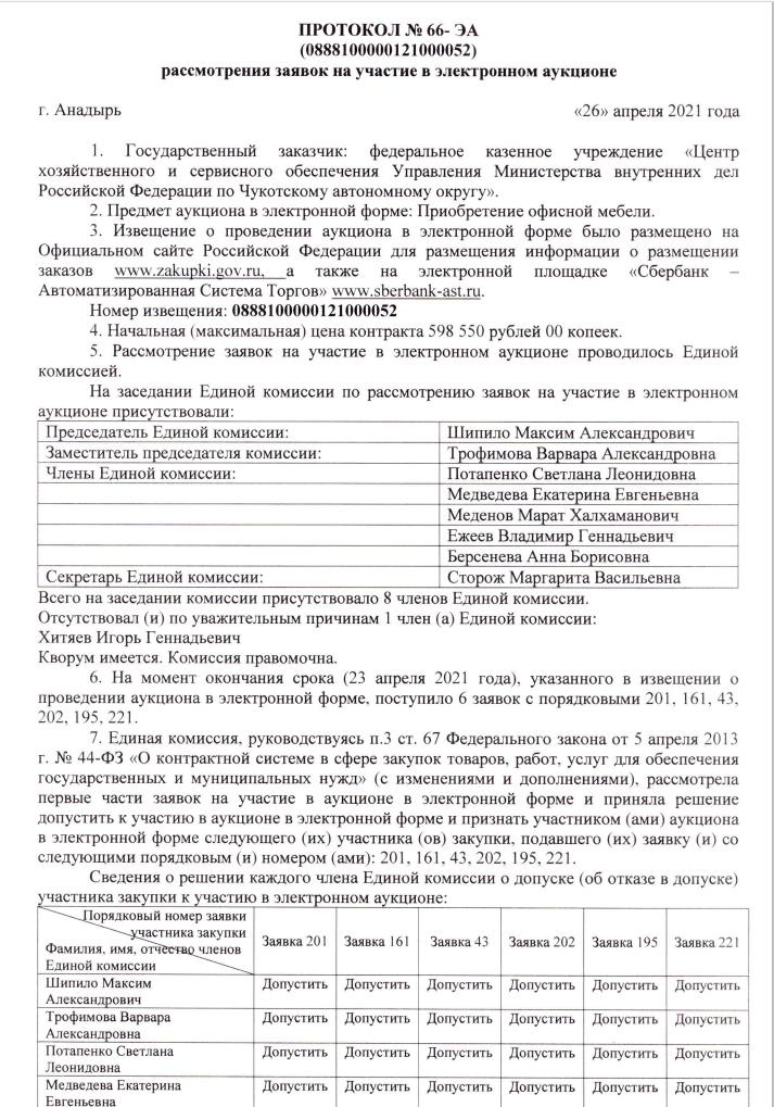 Протокол рассмотрения заявок для электронного аукциона