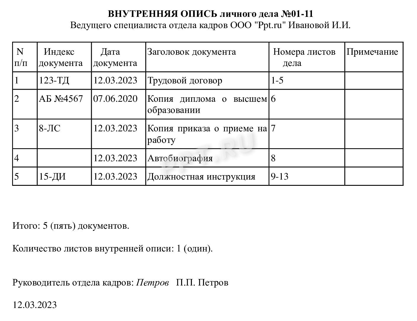 Скачать образец внутренней описи личного дела работника в 2024 году Скачать образец внутренней описи личного дела работника в 2024 году
