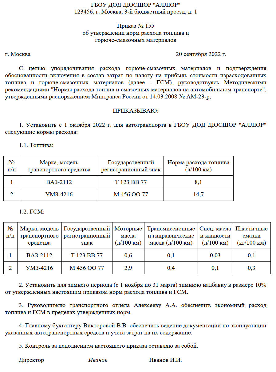 Образец приказа об утверждении норм расхода топлива Образец приказа об утверждении норм расхода топлива