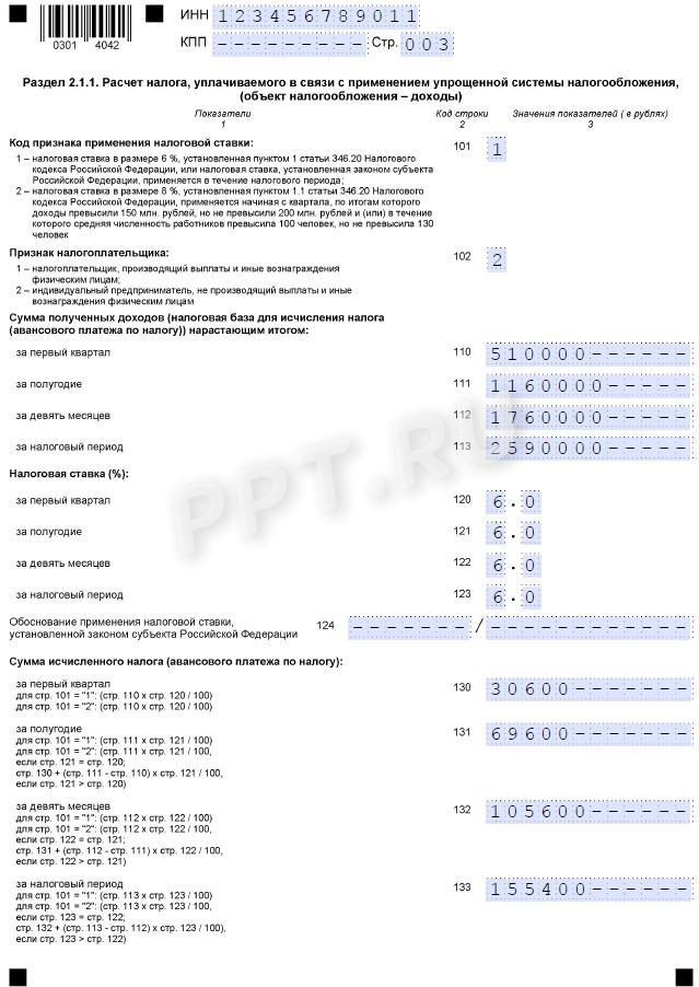 Раздел 2.1.1 декларации по УСН для ИП с объектом «доходы», стр. 1 Раздел 2.1.1 декларации по УСН для ИП с объектом «доходы», стр. 1