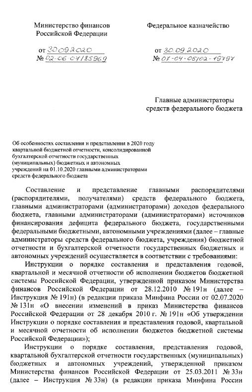 Письмо Минфина об отчетности за 9 мес