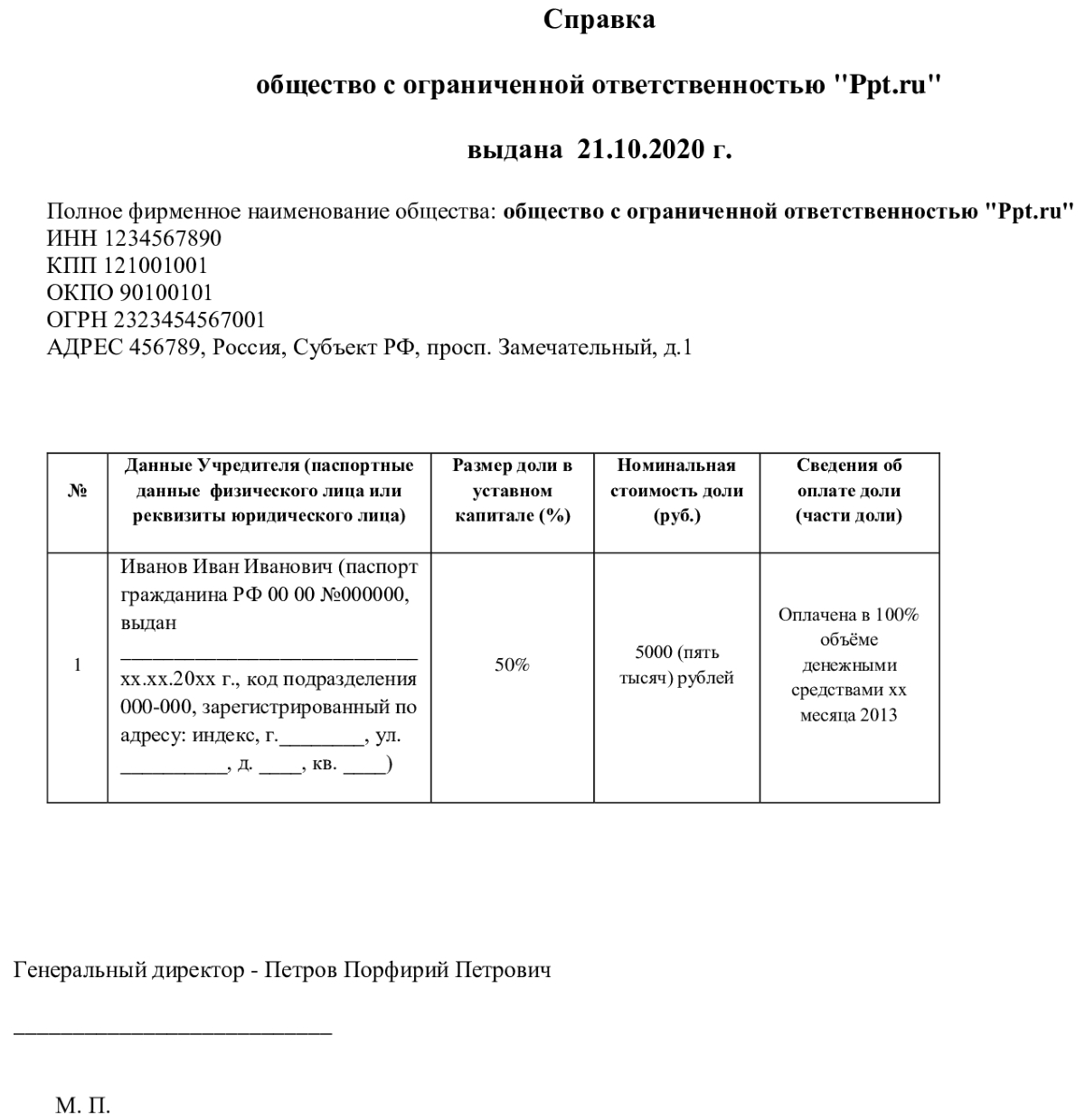 Образец справки учредителю