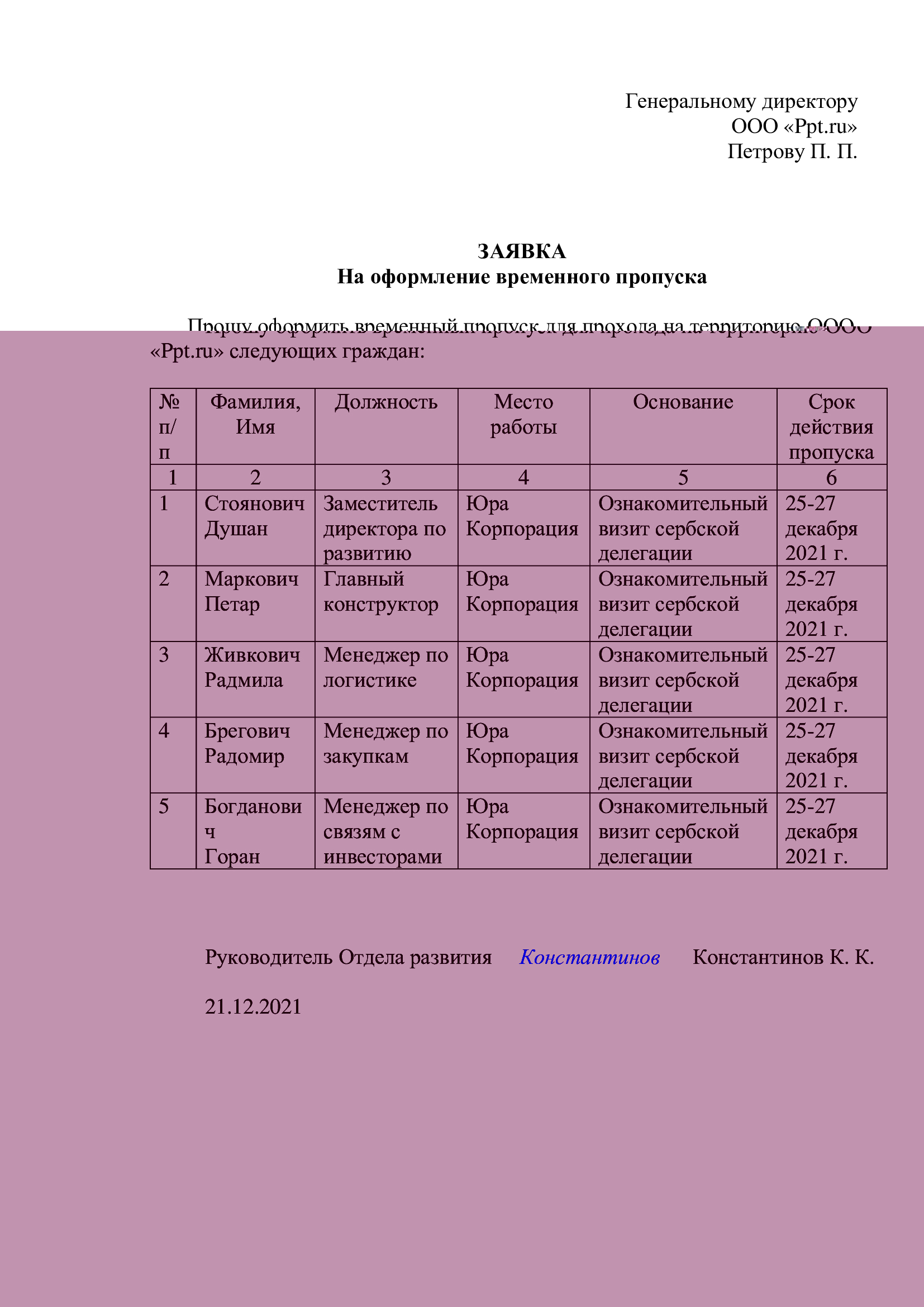 Пример заявки на получения пропуска для иностранных партнеров
